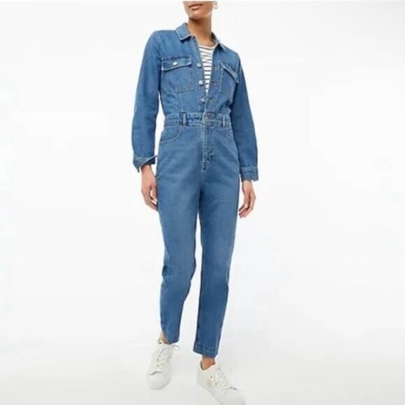 New women's J Crew Factory denim collared utility jean jumpsuit Jean Sz 0